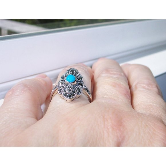 925 STERLING SILVER Simulated Turquoise Marcasite Ring - Picture 4 of 15